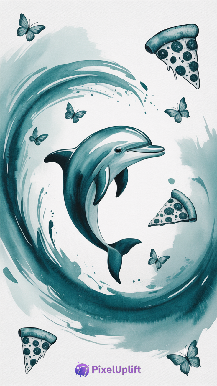 Stylized digital illustration of a dolphin surrounded by swirling teal waves, butterflies, and floating pepperoni pizza slices