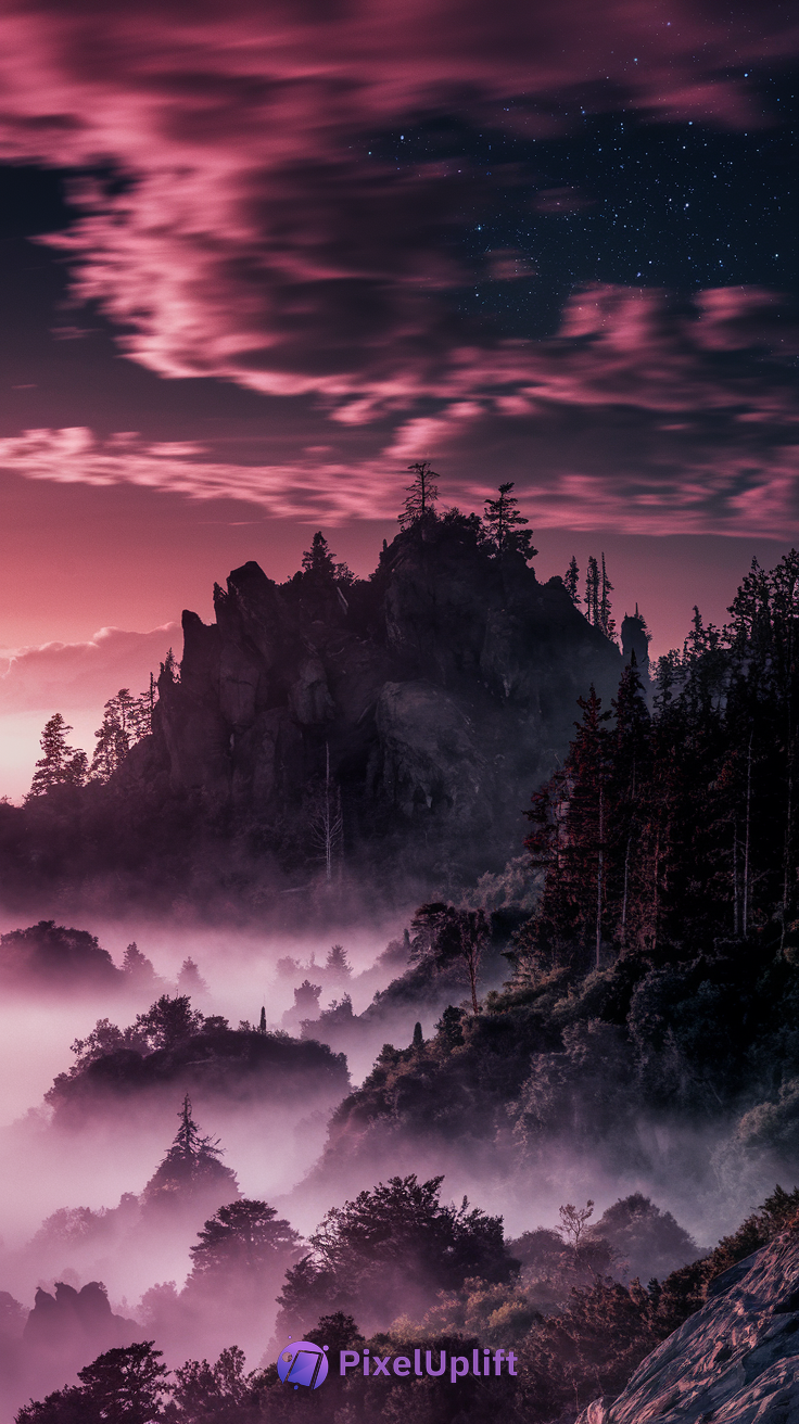 Dramatic purple and pink mountain landscape wallpaper with mist and scattered stars for phone lockscreen