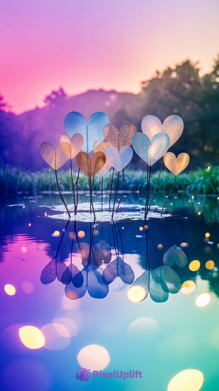 Serene twilight phone wallpaper with heart-shaped translucent petals reflected on calm water under a warm pink and blue gradient sky