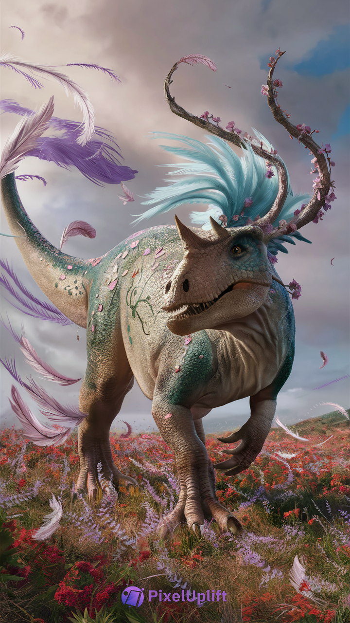 Fantastical dinosaur-like creature with green scaly skin and blue feathery crest standing in vibrant flower field under cloudy sky