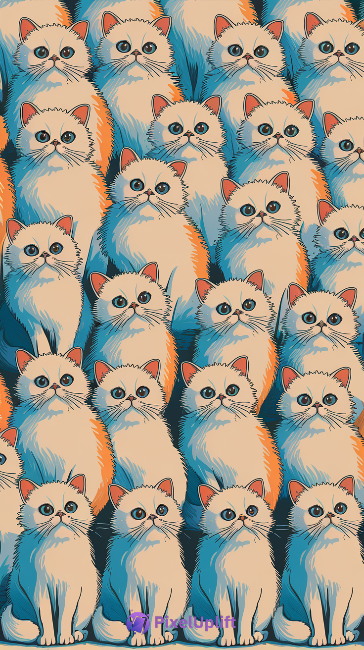 Stylized repeating pattern of fluffy beige cats with large eyes on dark background phone wallpaper