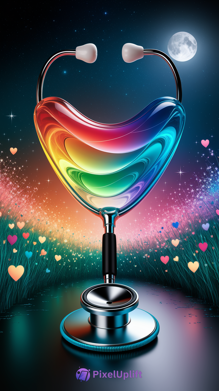 Phone wallpaper showing a heart-shaped rainbow stethoscope against a starry night sky with colorful heart-shaped lights and grass