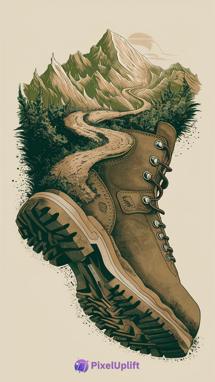 Artistic phone wallpaper showing a brown hiking boot with a dirt path leading into mountainous forest scenery