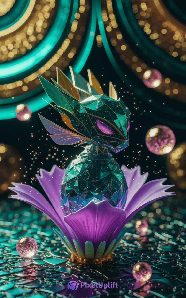 Geometric dragon with jewel-like surfaces emerging from a purple flower on a mystical gold and teal patterned background