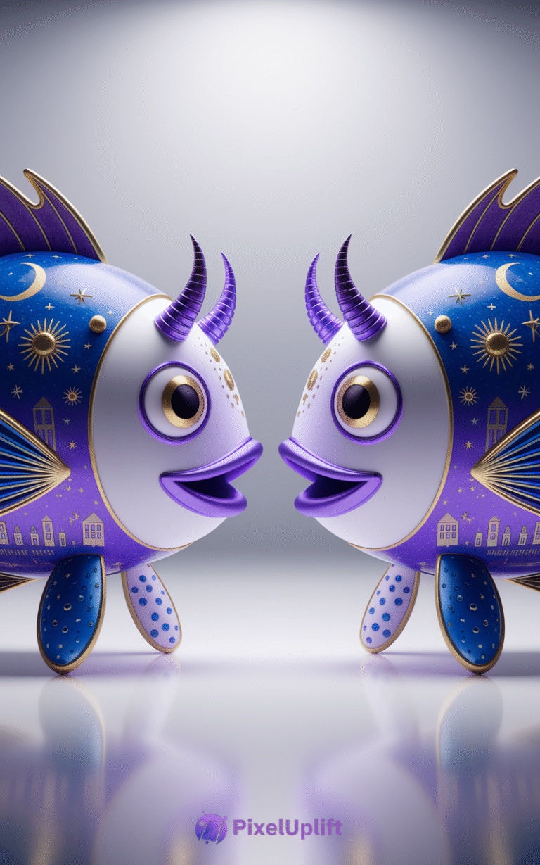 Whimsical purple and blue stylized fish with celestial motifs on a gradient background phone wallpaper