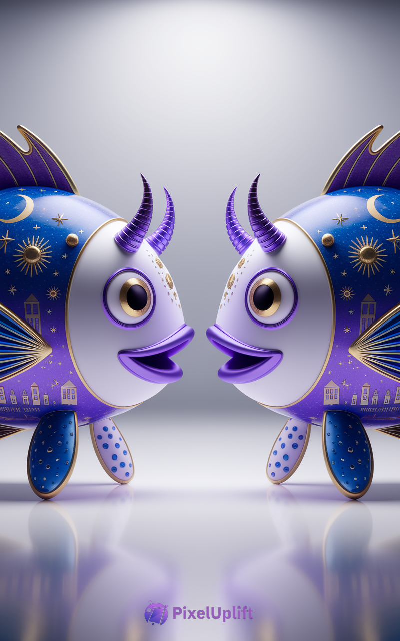 Whimsical purple and blue stylized fish with celestial motifs on a gradient background phone wallpaper