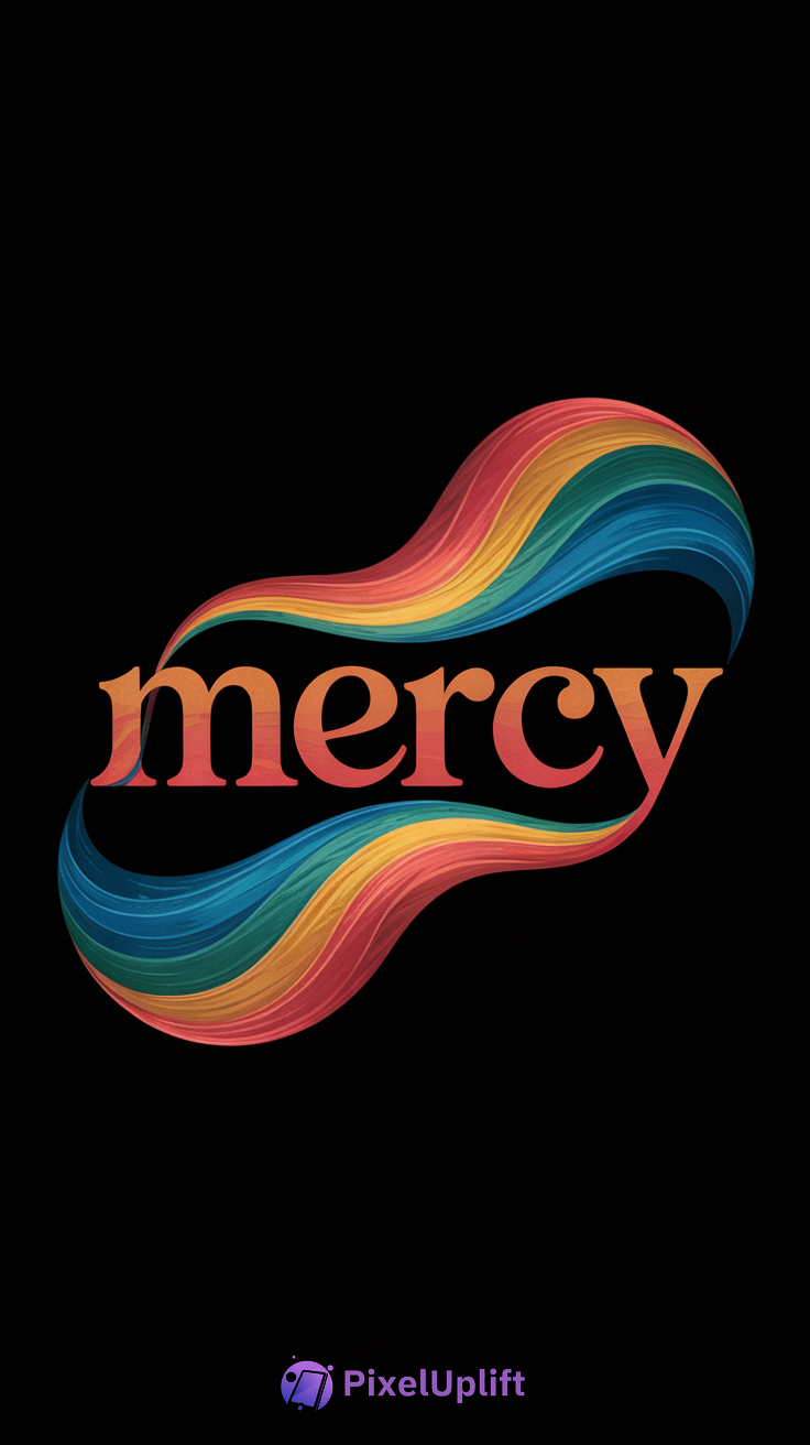 Black phone wallpaper with the word mercy in bold serif font and colorful ribbon waves surrounding the text