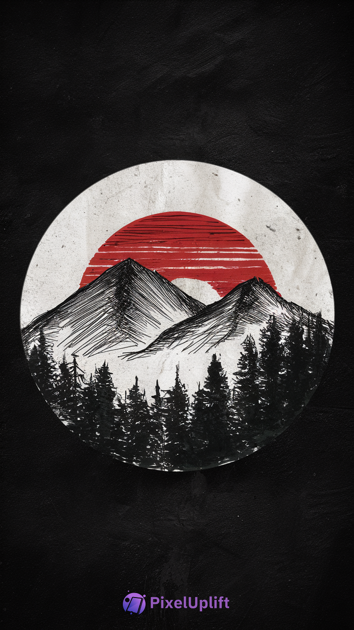 Minimalist black and white phone wallpaper with hand-drawn mountains, forest, and a red sun inside a circular design