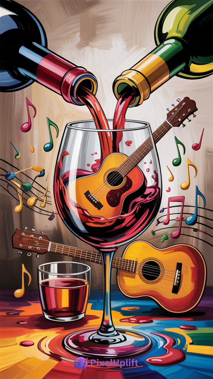 Artistic phone wallpaper of wine bottles pouring red wine into a glass containing an acoustic guitar surrounded by colorful musical notes and guitars with a vibrant splash background