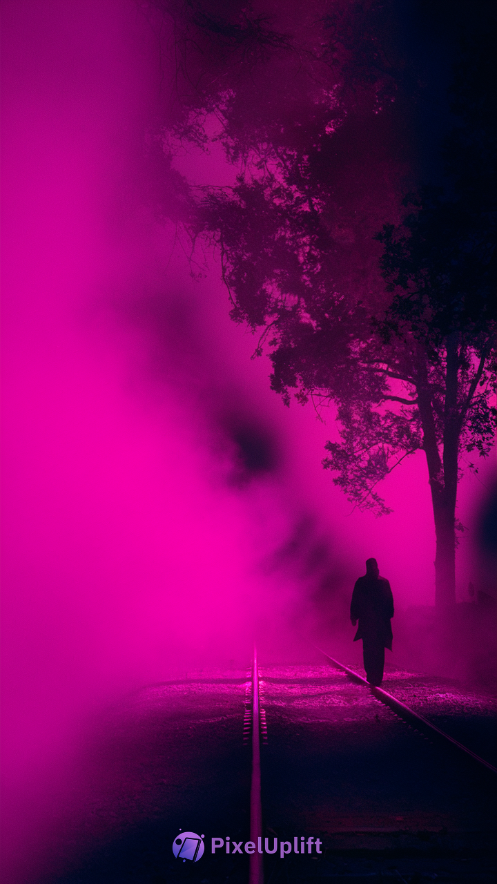 Silhouette of a person walking on railroad tracks at night surrounded by vibrant purple-pink fog with a partially illuminated tree