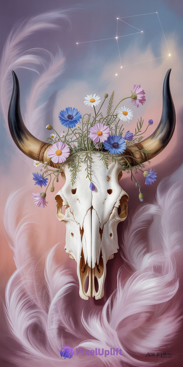 Stylized bull skull with long curved horns adorned with blue, white, and pink flowers and greenery on a pastel pink and purple gradient background with constellation and feather-like wisps