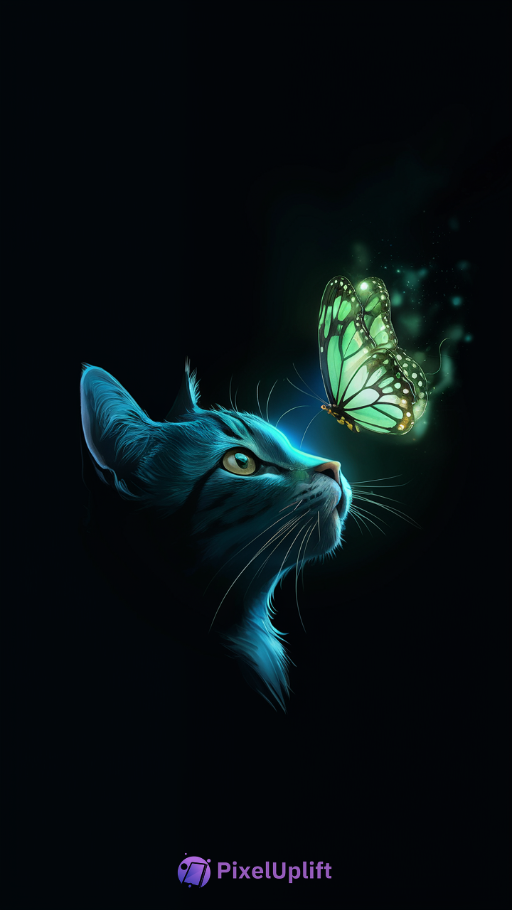Close-up profile of a cat illuminated by cool blue light gazing at a glowing green butterfly on a dark background