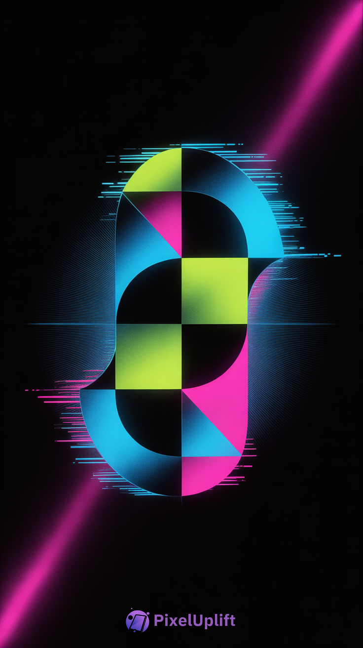 Neon glitch abstract letter S phone wallpaper with bright cyan blue, magenta pink, lime green geometric shapes on black background