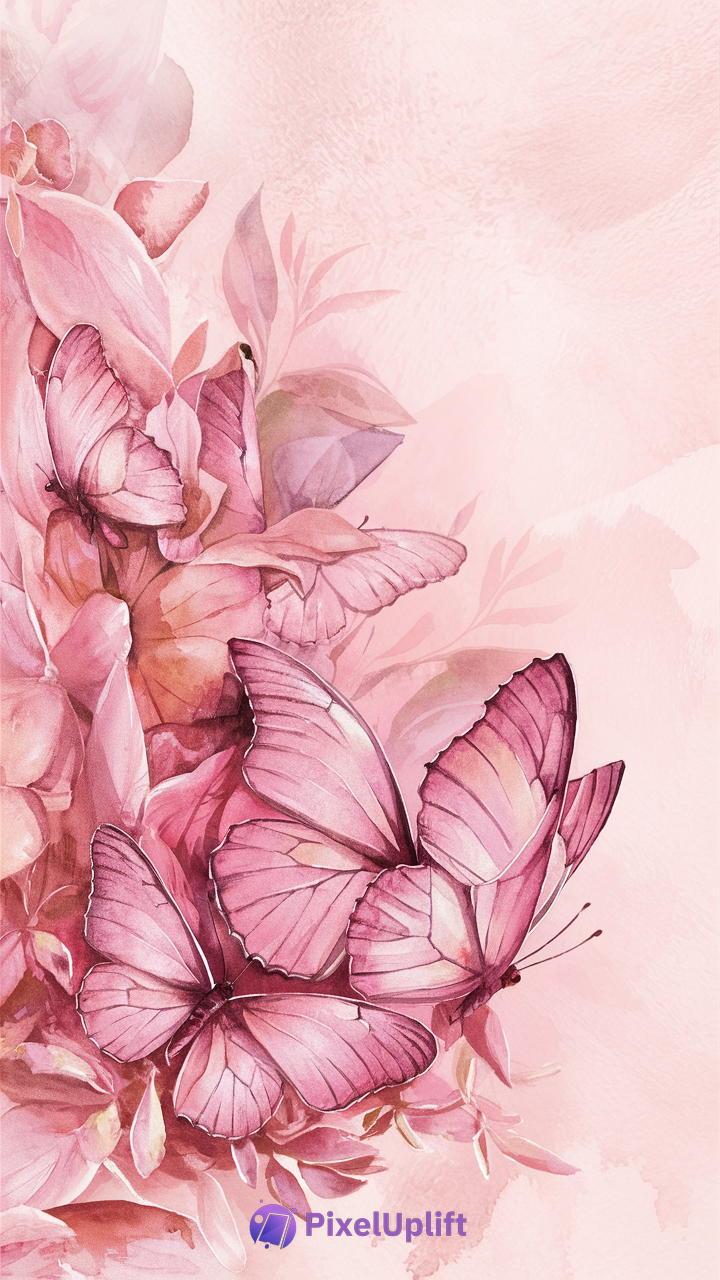 Delicate pink butterflies and soft pink flowers phone wallpaper with watercolor effect