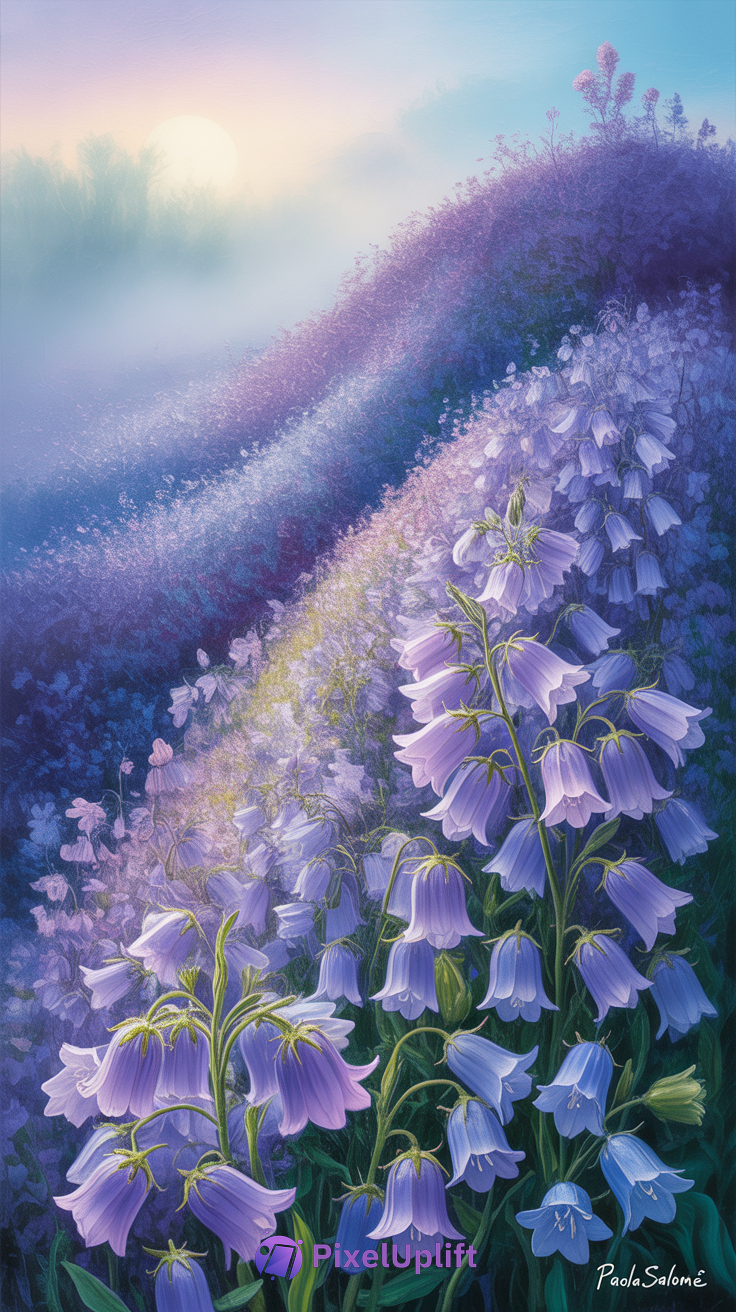 Serene purple floral landscape phone wallpaper with misty background and soft light