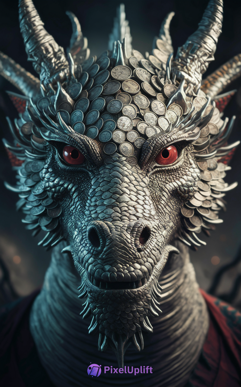 Close-up of a dragon's head with red eyes and scales resembling silver coins on a dark background