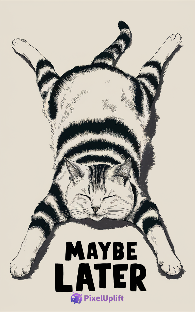 Illustration of a cat lying flat on stomach with dark stripes and closed eyes, text 'MAYBE LATER' below