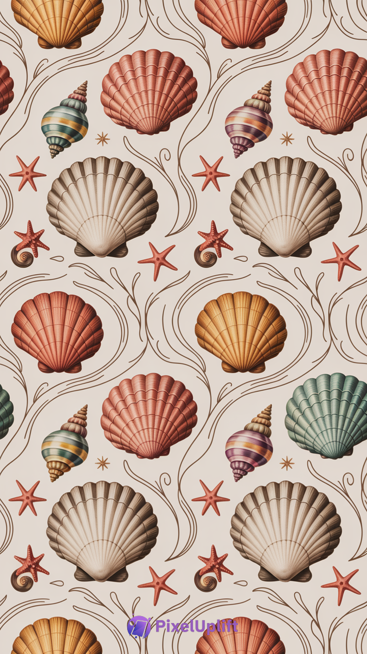 Seamless seashell and starfish pattern phone wallpaper with cream background and flowing curved lines