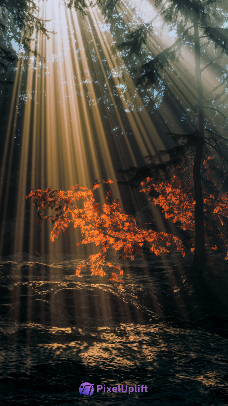 Serene autumn forest phone wallpaper with sunlight beams and bright orange leaves