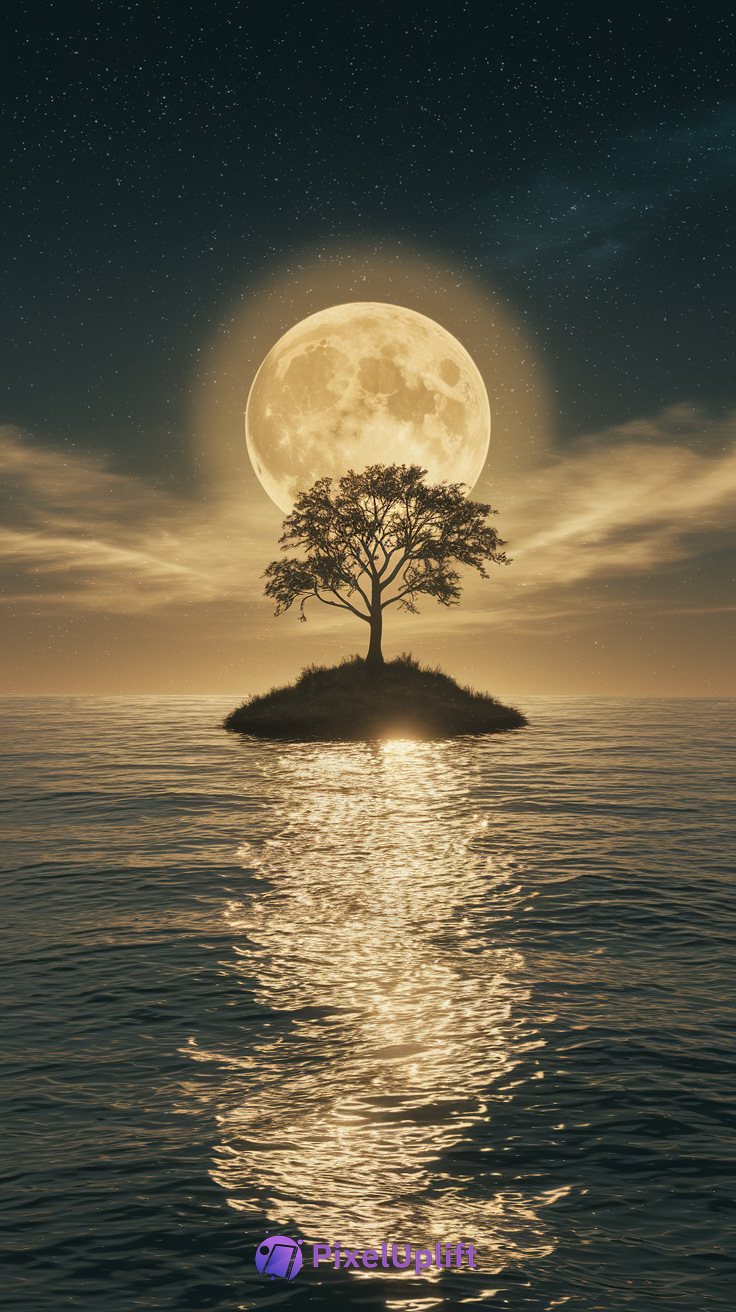 Serene full moon night scene phone wallpaper with glowing moon behind a solitary tree on a small island reflecting on water