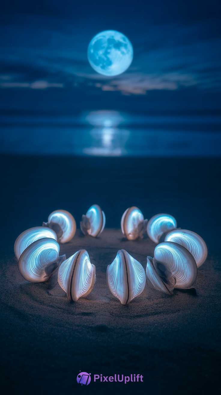 Nighttime beach lockscreen wallpaper with glowing seashell circle and bright full moon reflecting on ocean