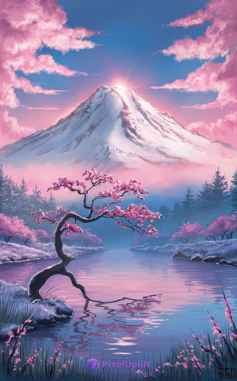 Phone wallpaper of a serene snow-capped mountain with pink blossom trees and a calm river reflecting the scenery under a soft pink sky