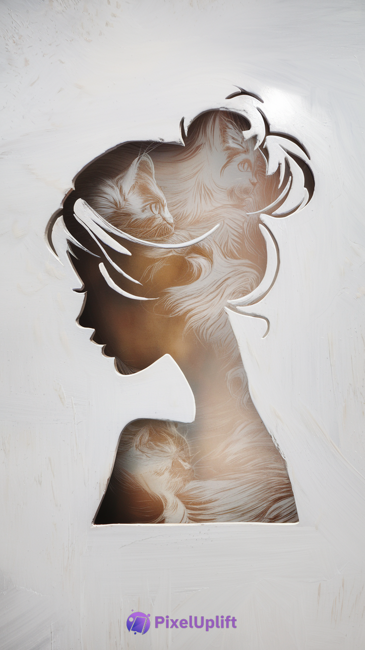 Phone wallpaper showing a woman's silhouette with three cats blended inside on white background