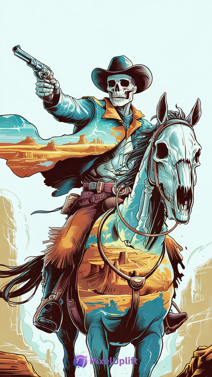 Stylized dark phone wallpaper of skeletal cowboy riding skeletal horse with desert landscape inside their semi-transparent bodies
