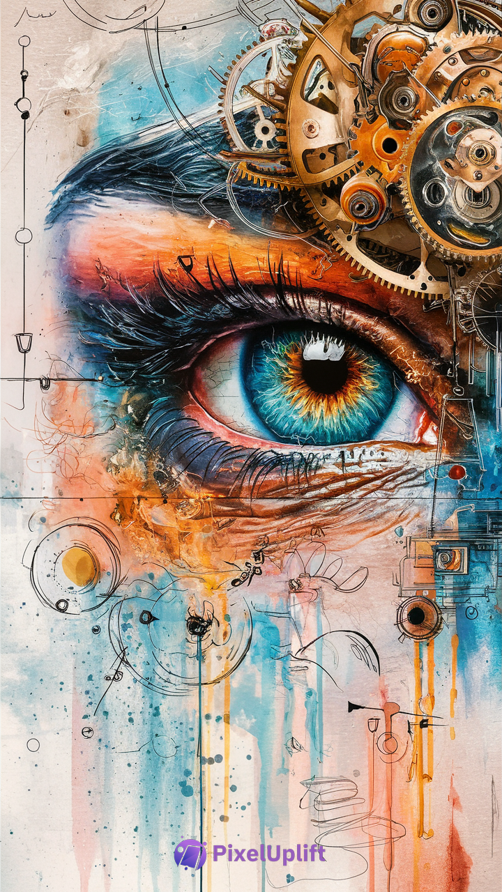 Detailed close-up of a vivid blue eye with orange and brown hues surrounded by mechanical steampunk gears on an artistic blue, orange, and white paint splattered background