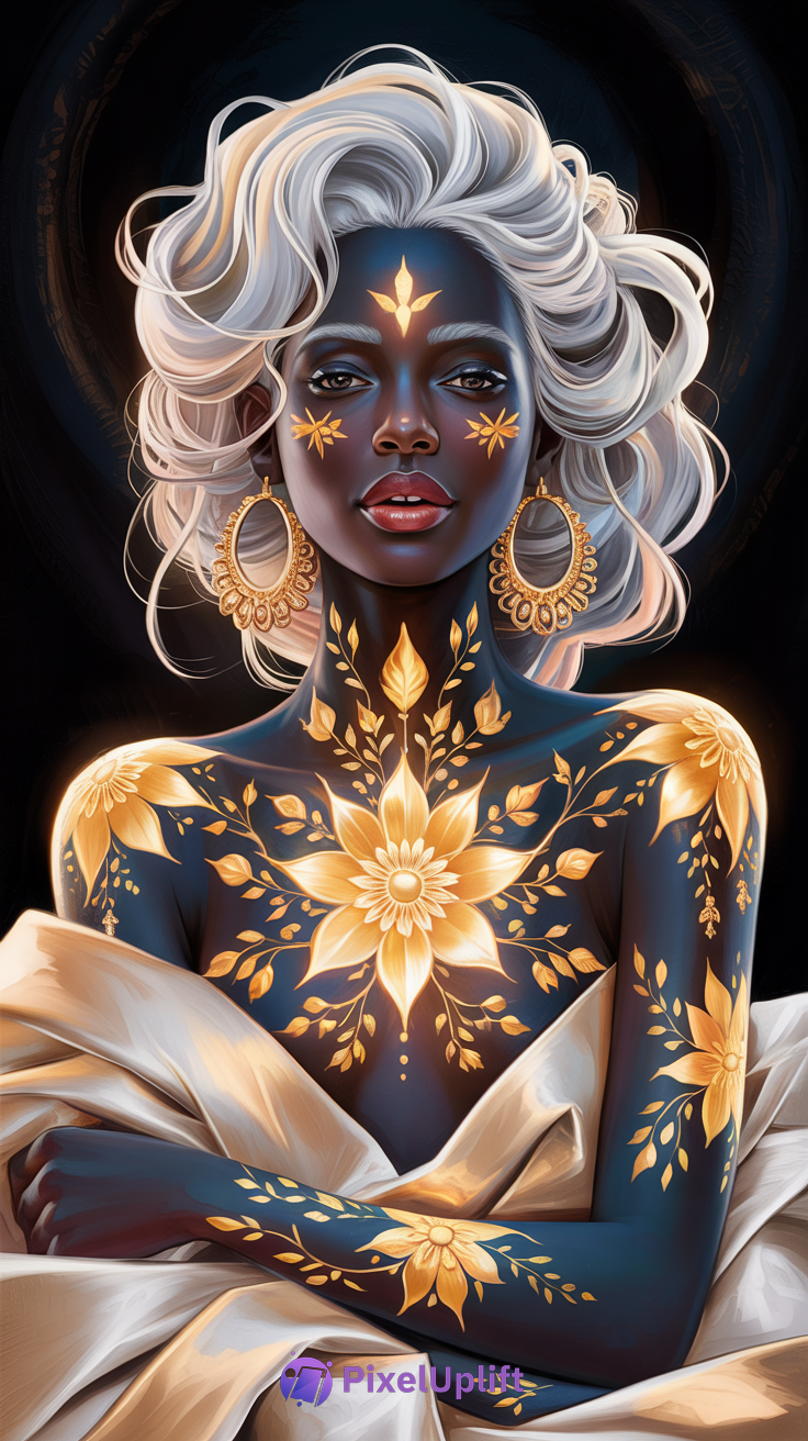 Striking woman with deep dark skin and glowing golden floral patterns on face and body, white wavy hair, wearing gold earrings and soft white gold fabric on dark background