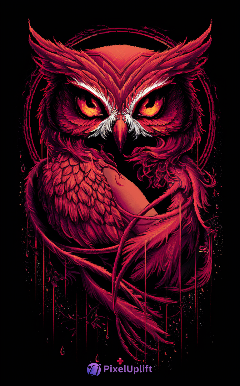 Striking red owl digital artwork phone wallpaper with black background and vivid colors