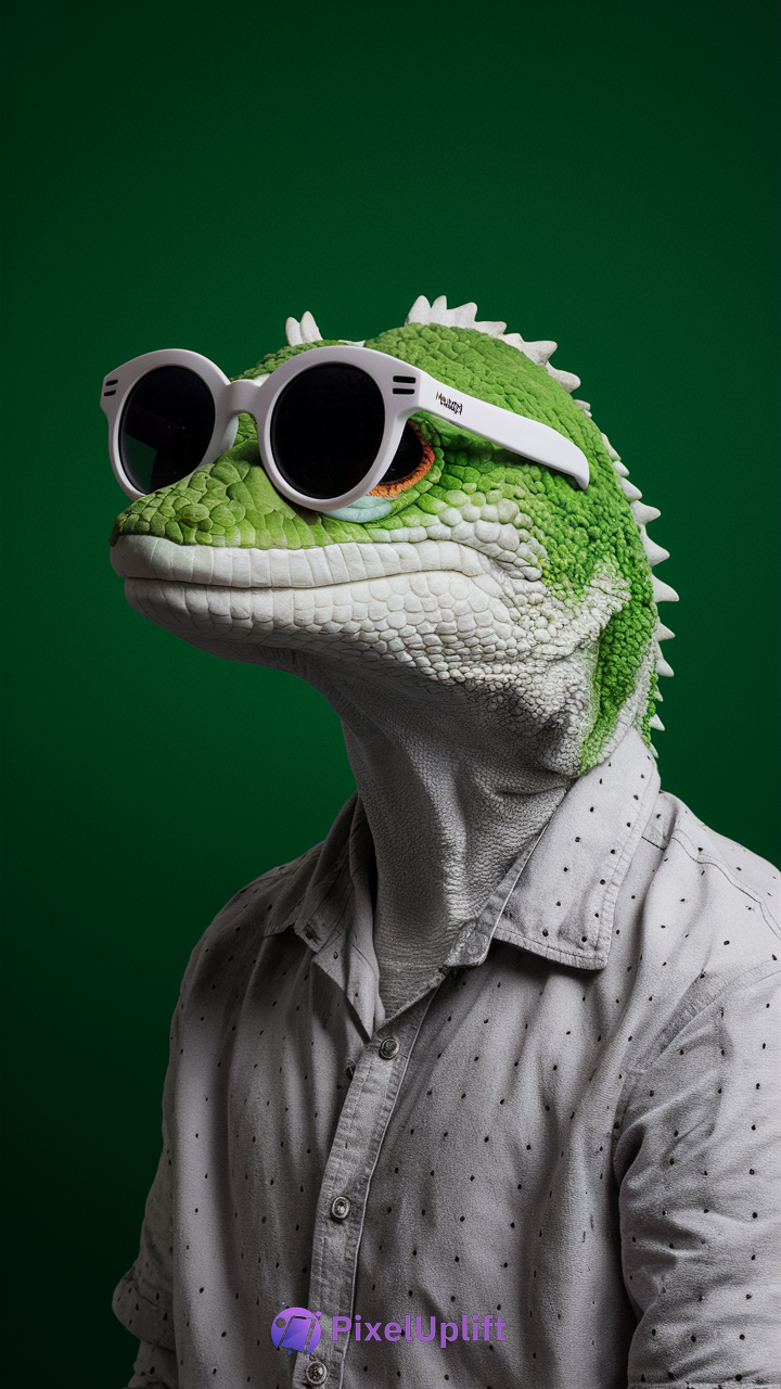 Stylized humanoid lizard with green and white scaly skin wearing a light button-up shirt and white sunglasses on dark green background