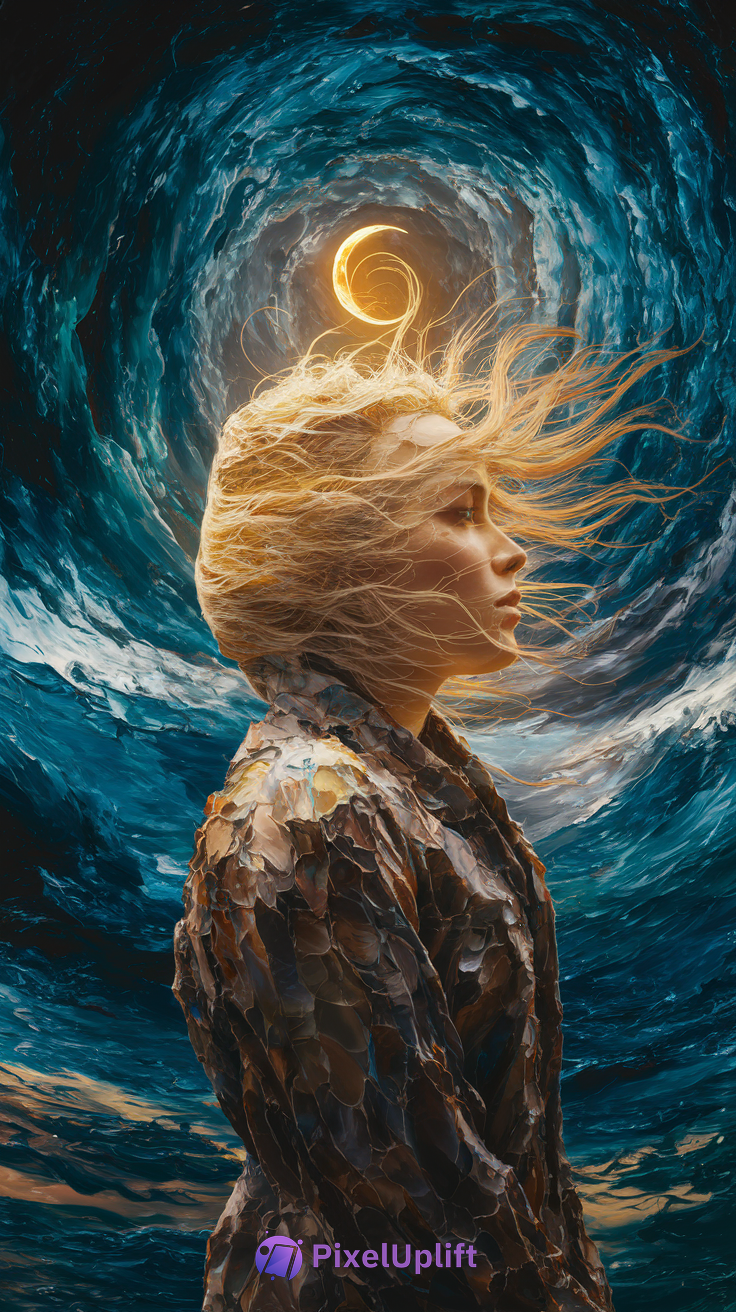 Surreal phone wallpaper showing profile of woman with flowing blonde hair blending into abstract swirling sky featuring a glowing crescent moon on deep blue background