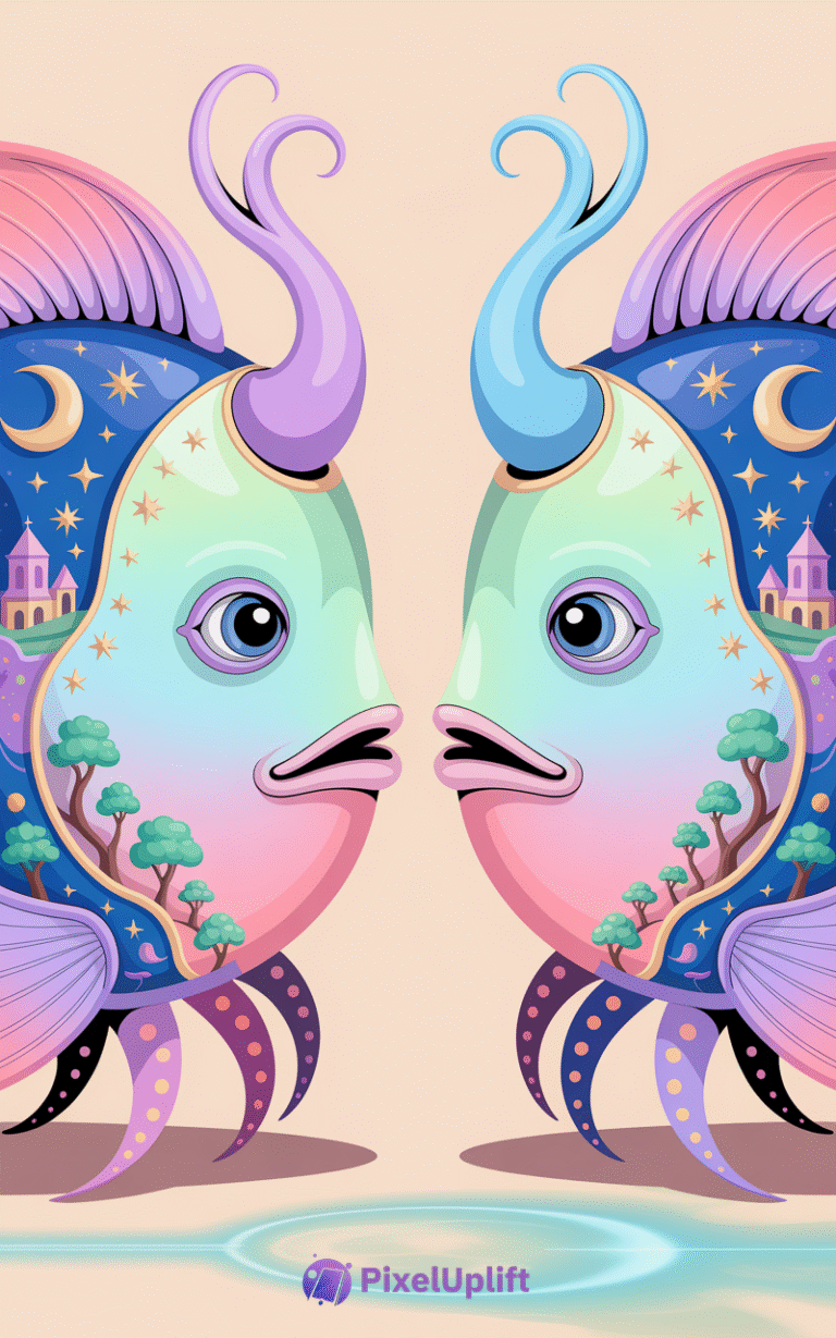Surreal symmetrical colorful fish with night sky themes and pastel gradients on phone wallpaper