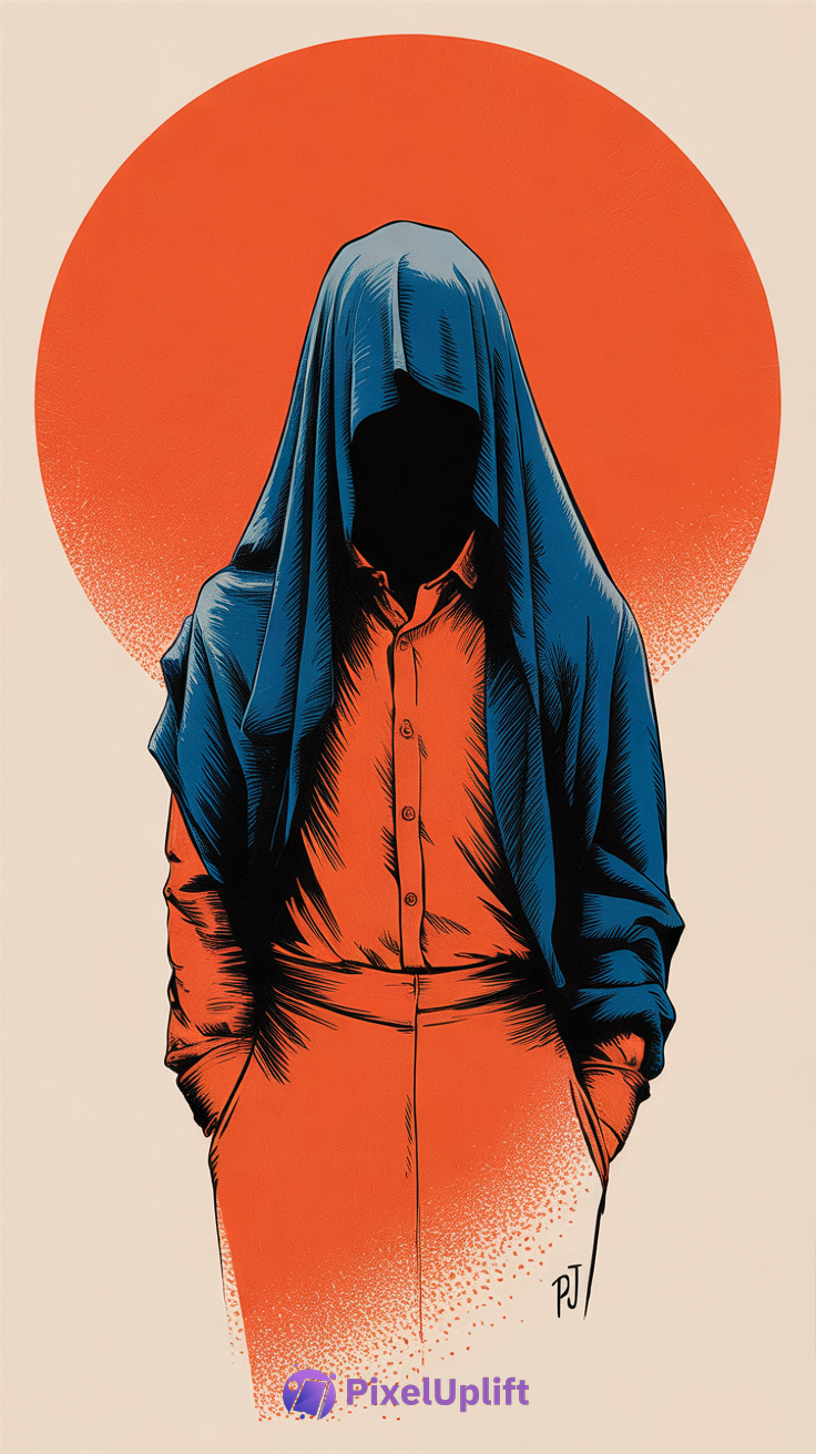 Stylized illustration of a person with orange clothes and dark blue cloth covering face against beige background with orange circle