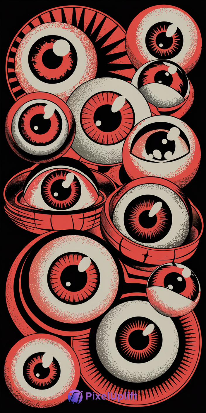 Stylized surreal phone wallpaper with multiple retro-colored eyeballs on black background