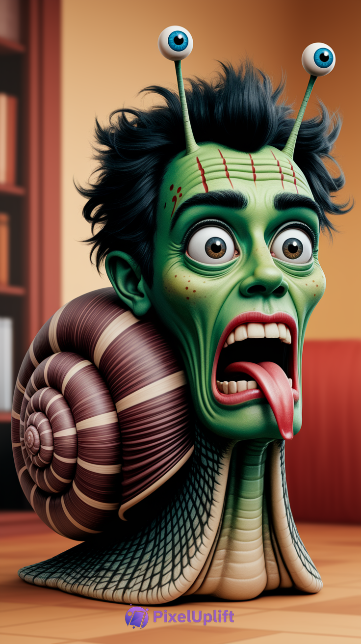 Surreal phone wallpaper showing a human-snail hybrid character with green face, large expressive eyes, wild black hair, and a spiraled snail shell in a warm indoor setting