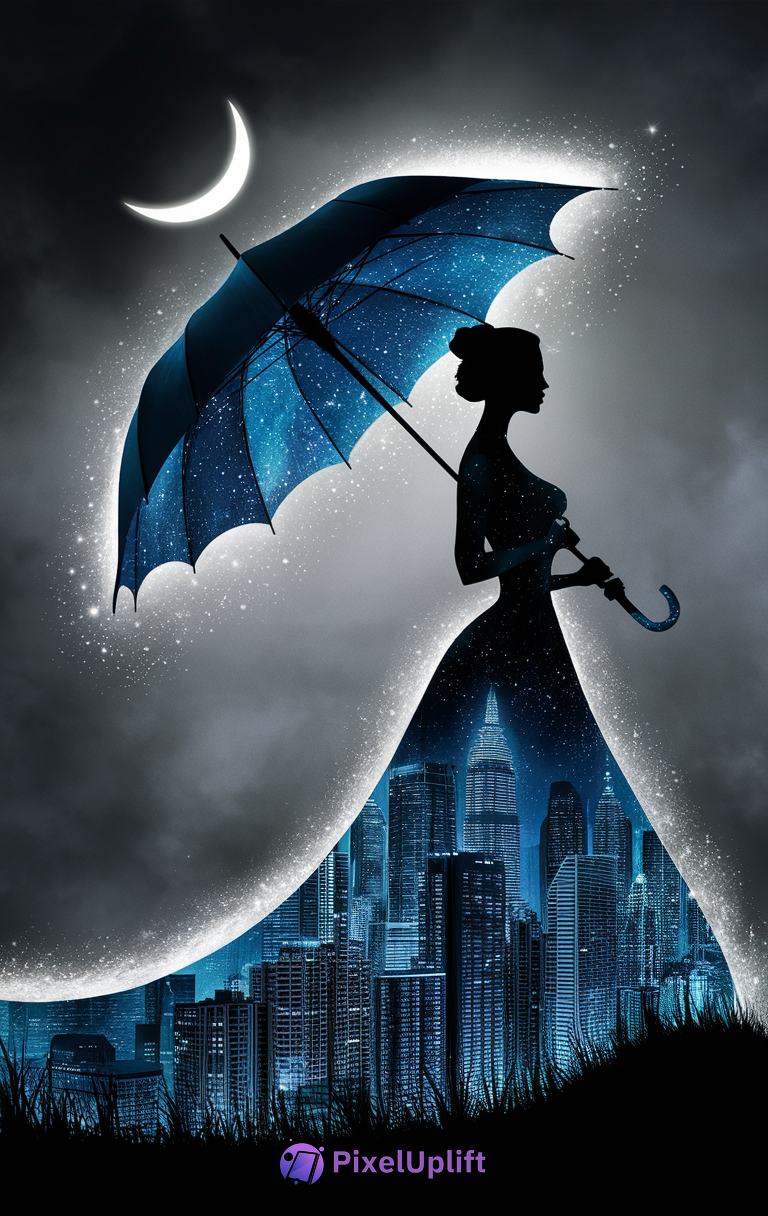 Surreal phone wallpaper showing silhouette of a woman holding an umbrella with crescent moon and city skyline at night