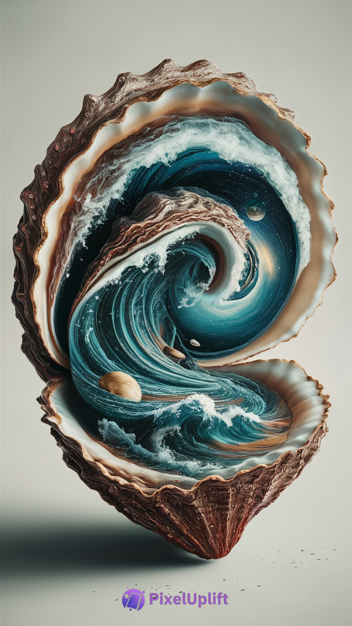 Surreal phone wallpaper showing an open oyster shell with a swirling ocean wave inside and floating planetary bodies