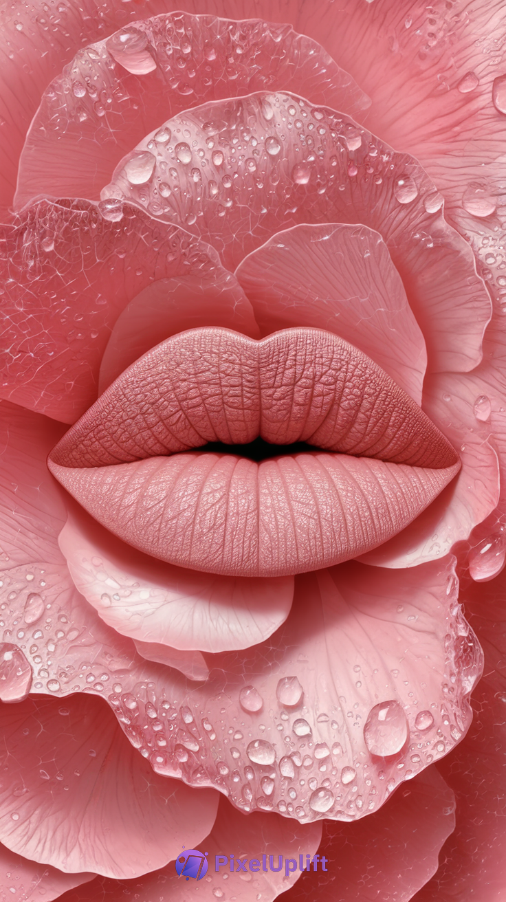 Surreal phone wallpaper with pink flower petals and human lips blending seamlessly with water droplets