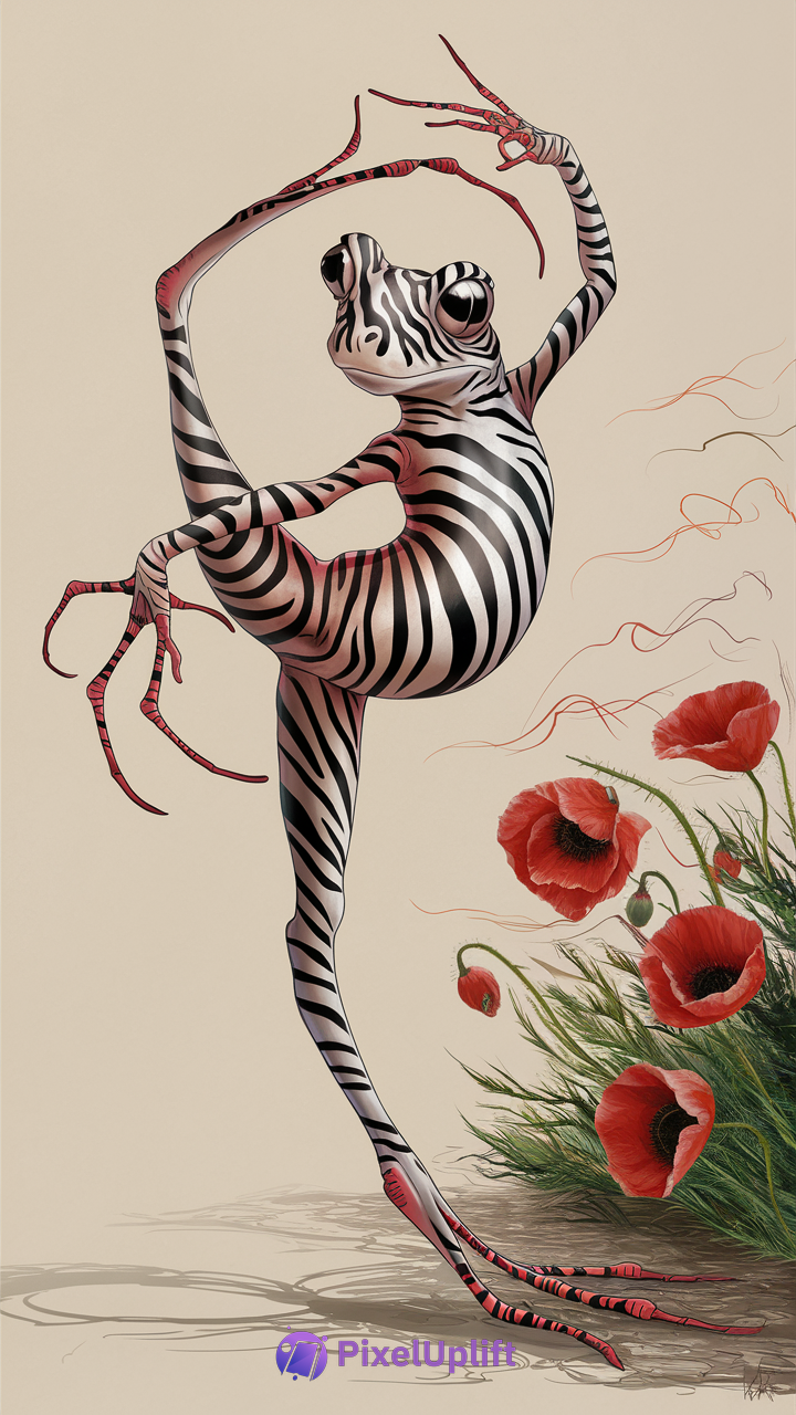 Surreal phone wallpaper of a zebra-striped frog in a ballet pose next to red poppy flowers on beige background