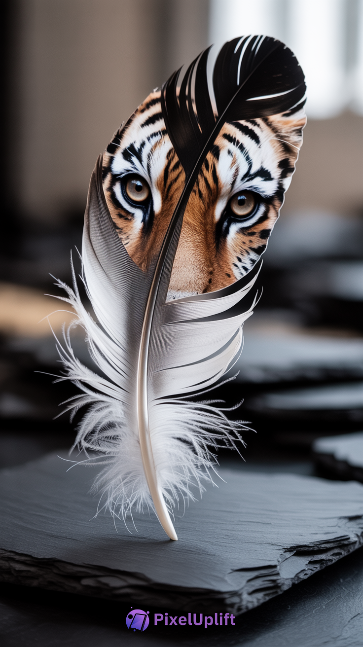 Delicate white and black feather revealing intense tiger eyes on dark blurred background phone wallpaper