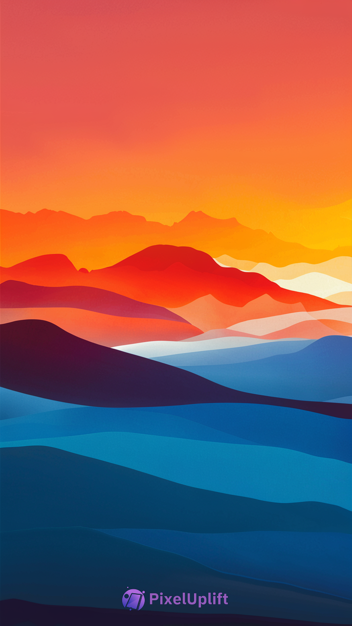 Abstract mountain landscape phone wallpaper with vibrant gradients of blues, purples, oranges, and reds at sunrise or sunset