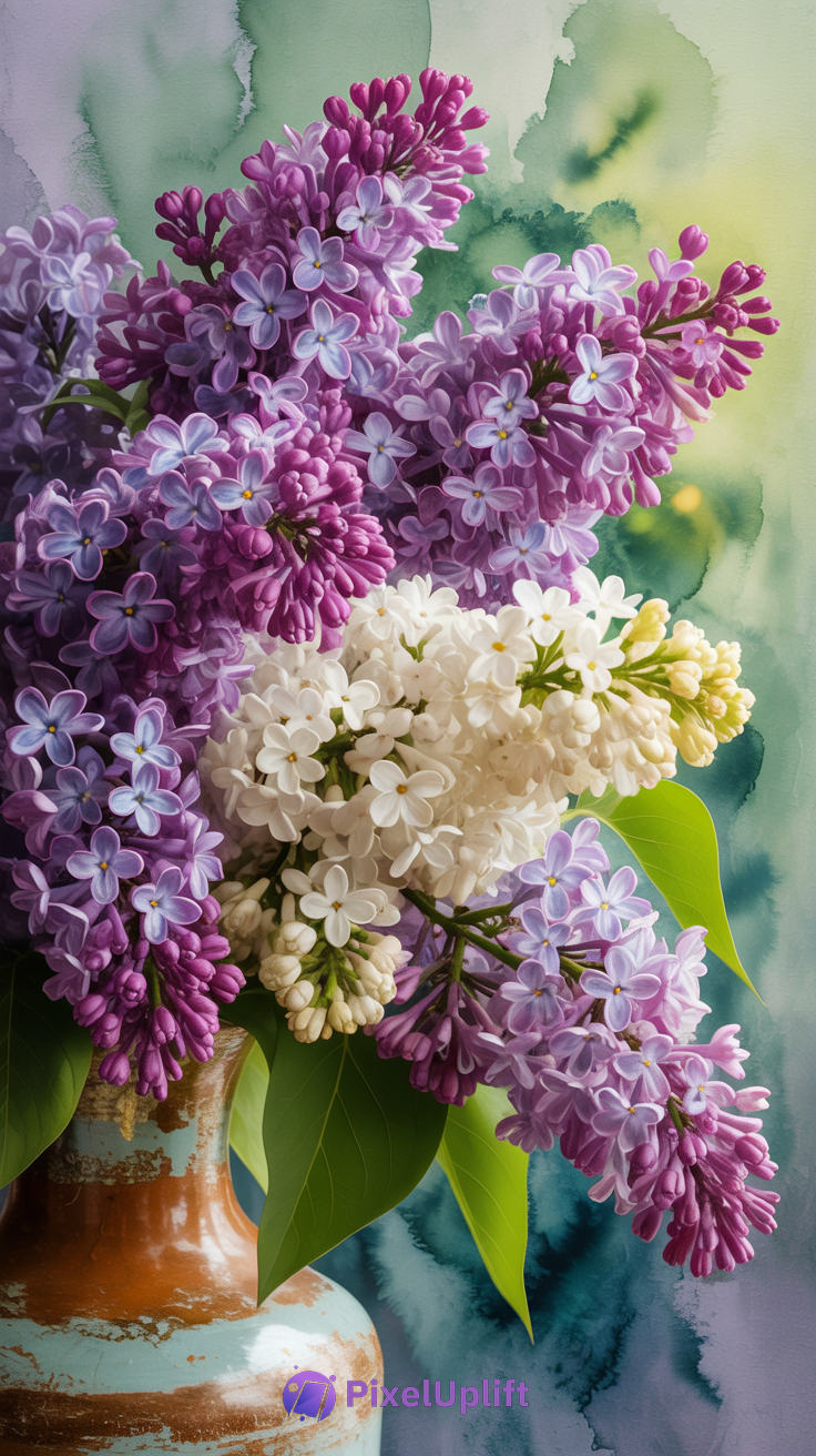 Phone wallpaper showing a vibrant bouquet of lilacs in a rustic vase with a watercolor green and blue background