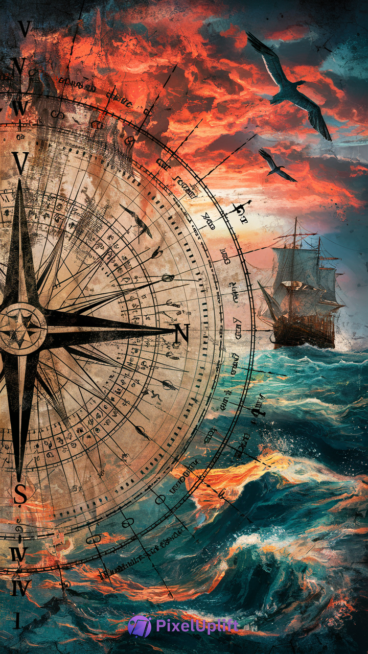 Vivid phone wallpaper showing a detailed nautical compass and turbulent ocean waves with an orange and blue sky, sailing ship and seagulls