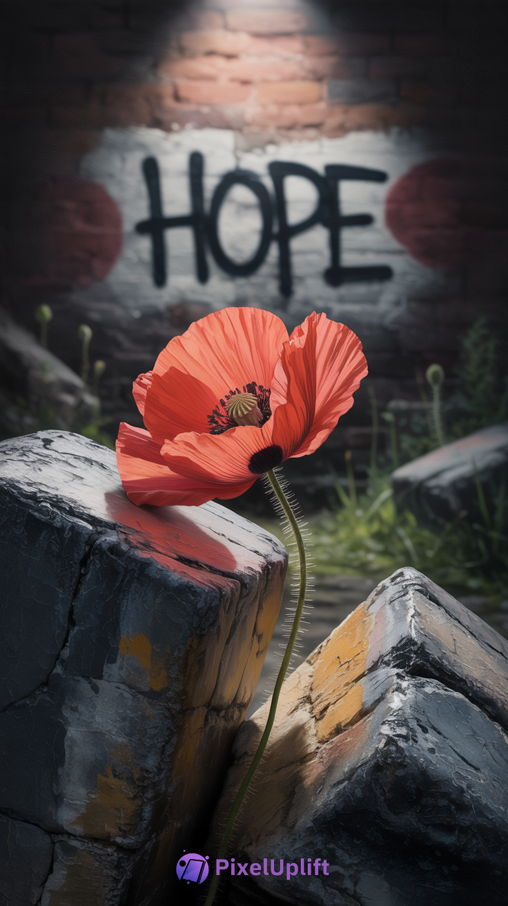 Vibrant red poppy flower growing between weathered concrete blocks with the word HOPE painted on a brick wall in the background