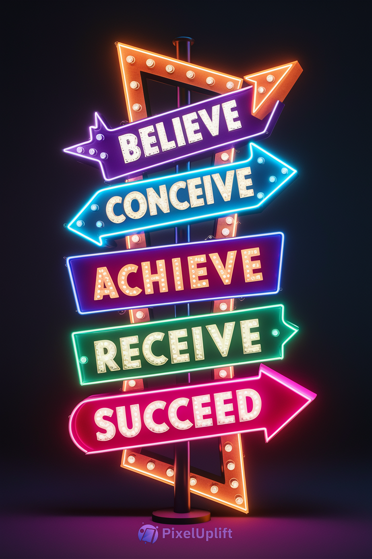 Vibrant retro neon sign phone wallpaper with colorful arrows and motivational words on dark background