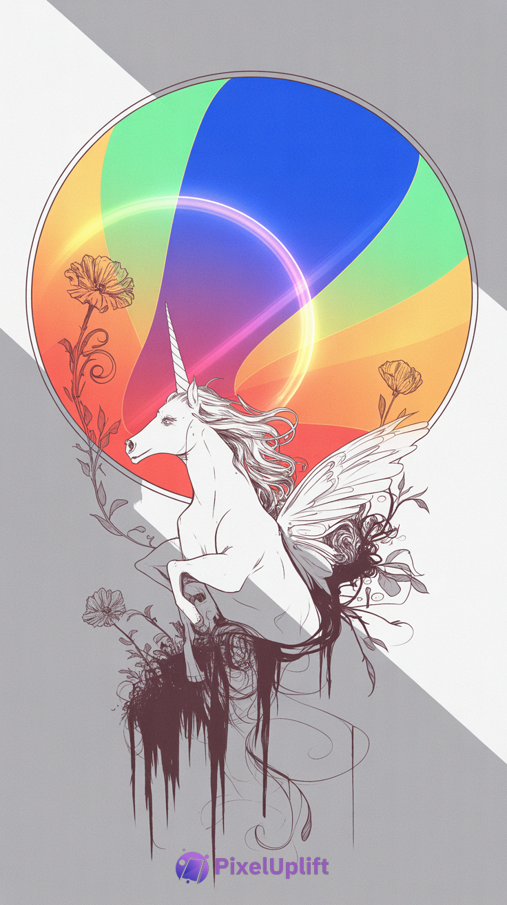 Artistic illustration of a white winged unicorn Pegasus with flowing mane, vibrant rainbow circular background and delicate floral accents on grey backdrop