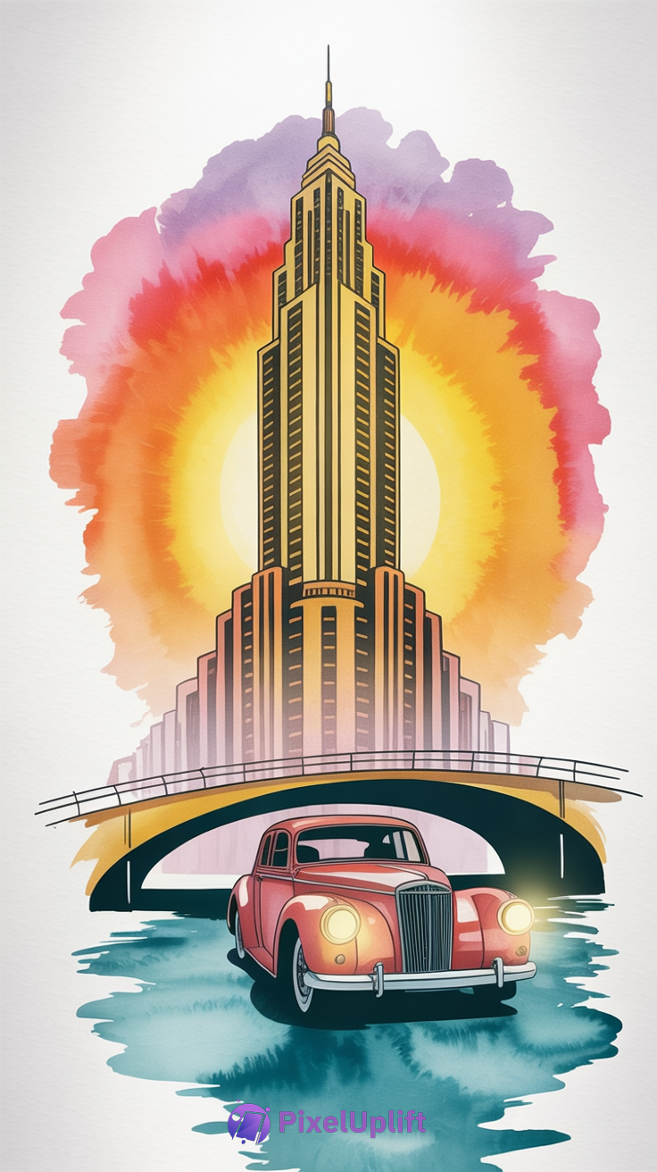 Stylized phone wallpaper showing vintage red car driving on blue surface under arch bridge with iconic skyscraper and warm gradient sunset background