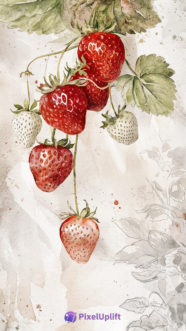 Watercolor-style painting of ripe and unripe strawberries hanging from stems with green leaves on a soft beige background